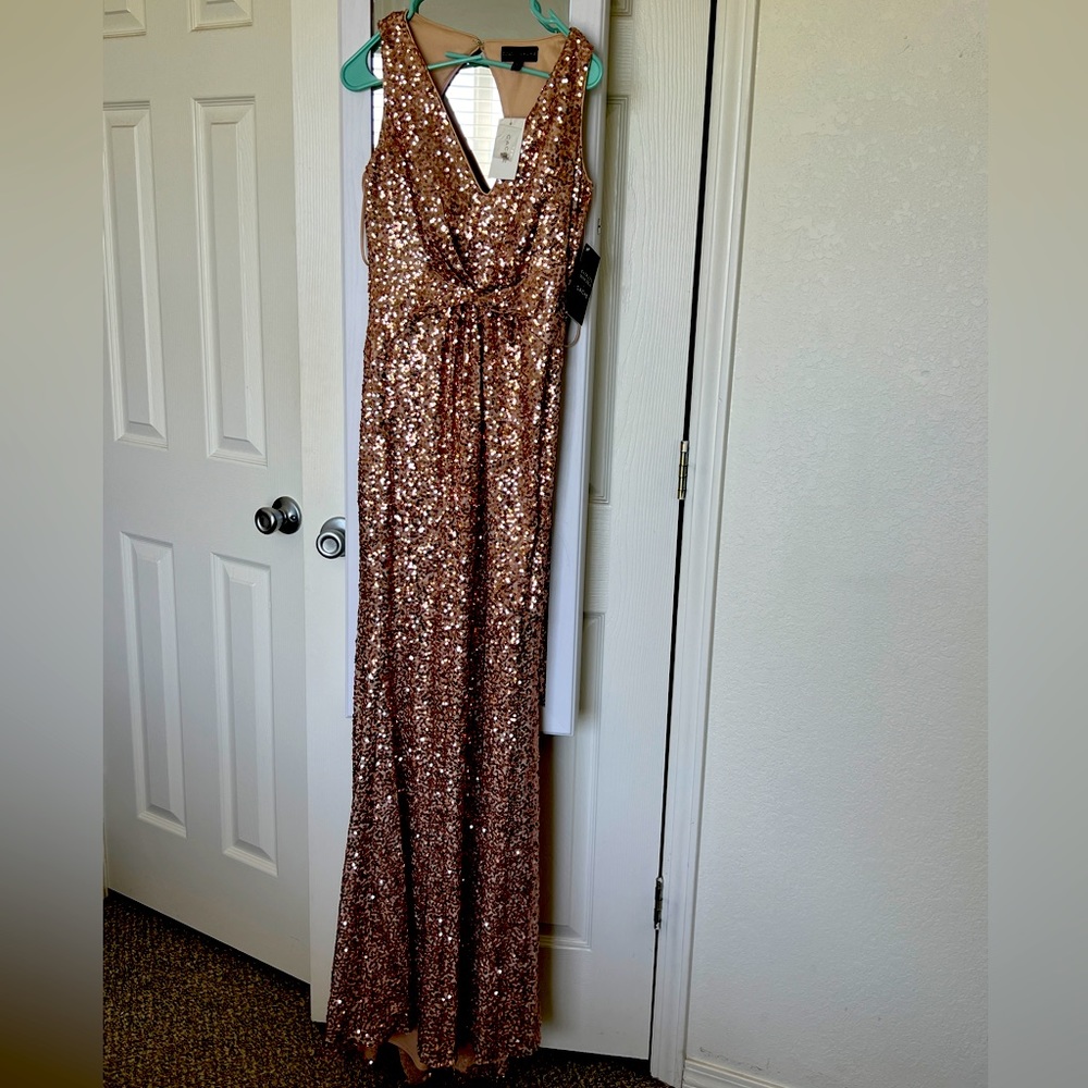 Rose gold sleeveless sequined gown with keyhole back